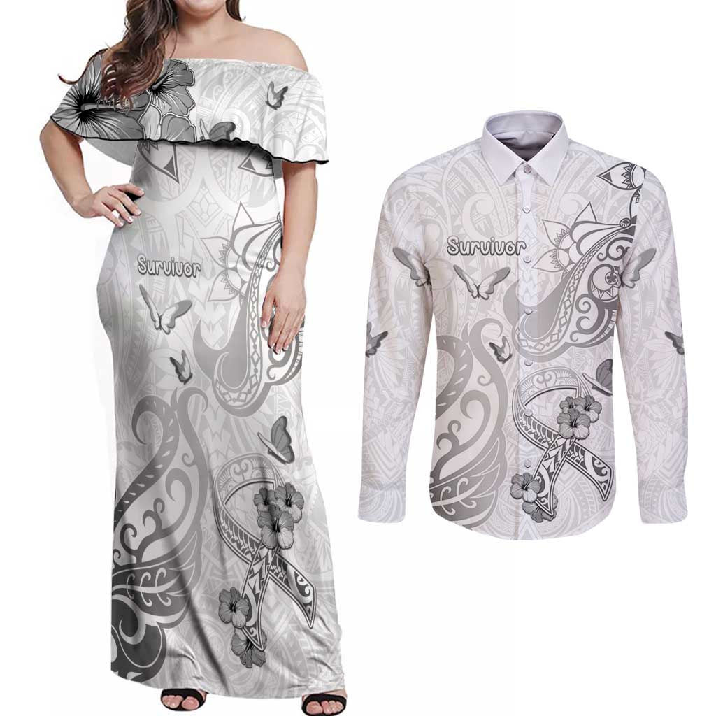 Personalised Brain Cancer Awareness Couples Matching Off Shoulder Maxi Dress and Long Sleeve Button Shirt Ribbon Polynesian Pattern