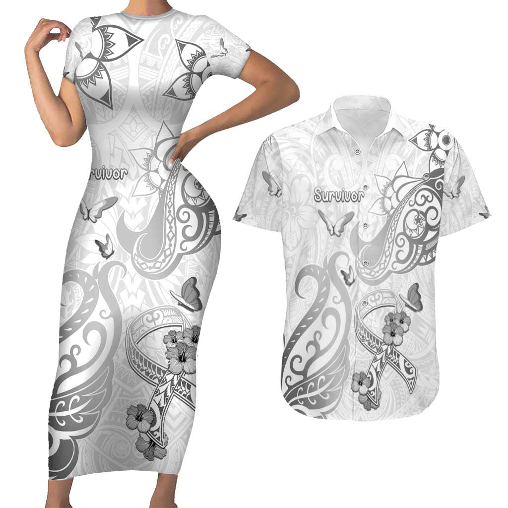 Personalised Brain Cancer Awareness Couples Matching Short Sleeve Bodycon Dress and Hawaiian Shirt Ribbon Polynesian Pattern
