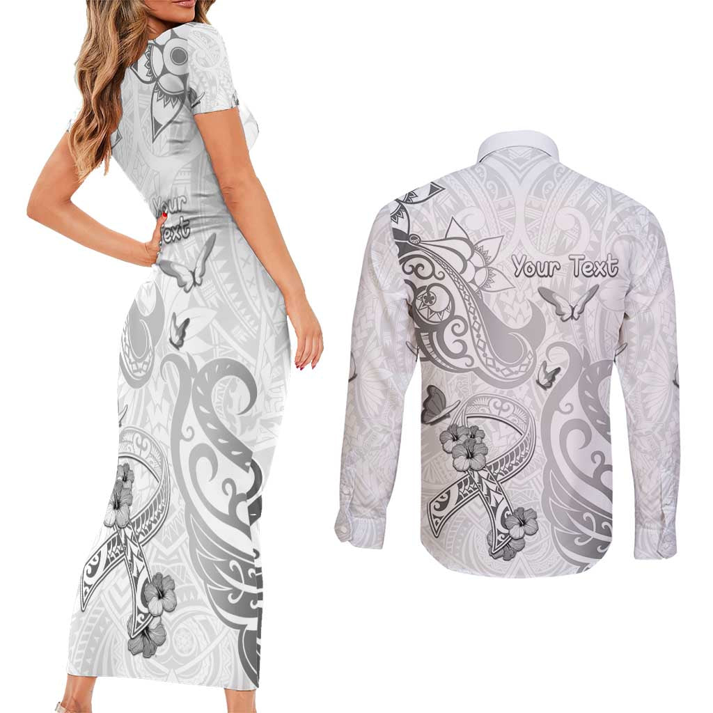 Personalised Brain Cancer Awareness Couples Matching Short Sleeve Bodycon Dress and Long Sleeve Button Shirt Ribbon Polynesian Pattern