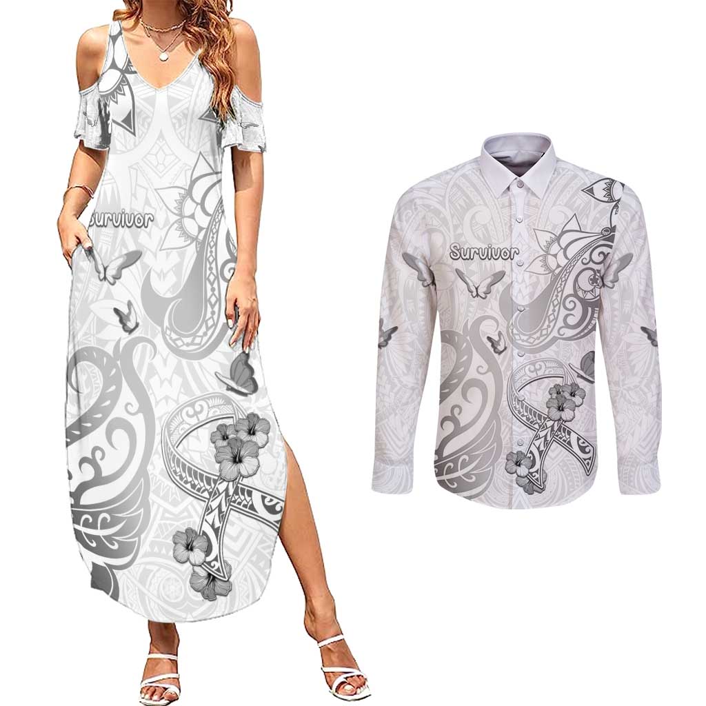 Personalised Brain Cancer Awareness Couples Matching Summer Maxi Dress and Long Sleeve Button Shirt Ribbon Polynesian Pattern