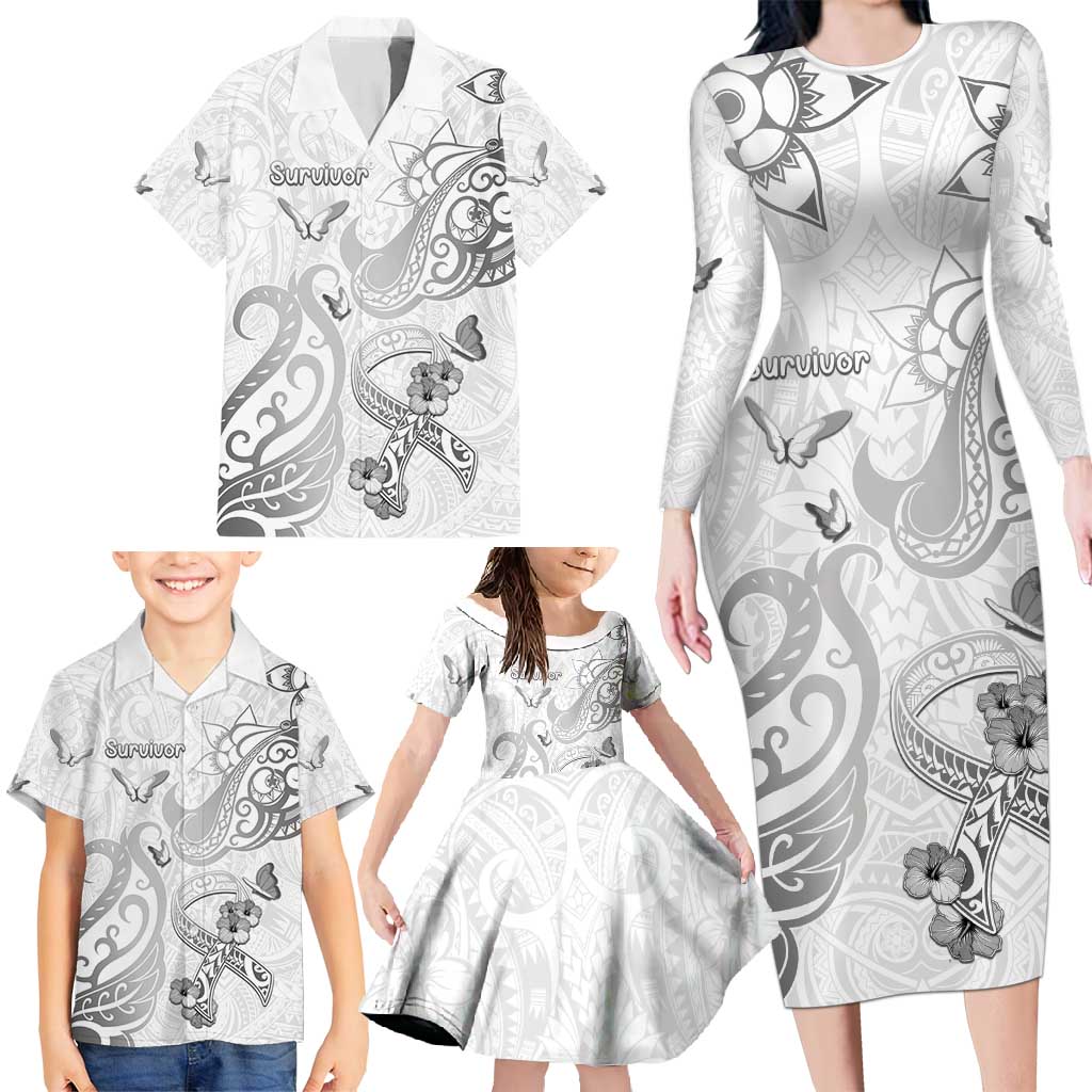 Personalised Brain Cancer Awareness Family Matching Long Sleeve Bodycon Dress and Hawaiian Shirt Ribbon Polynesian Pattern