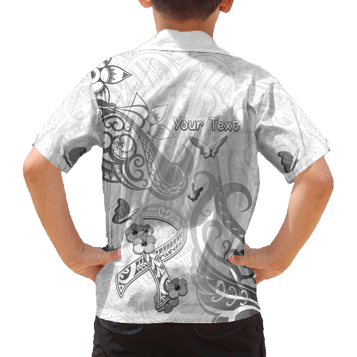 Personalised Brain Cancer Awareness Family Matching Off The Shoulder Long Sleeve Dress and Hawaiian Shirt Ribbon Polynesian Pattern