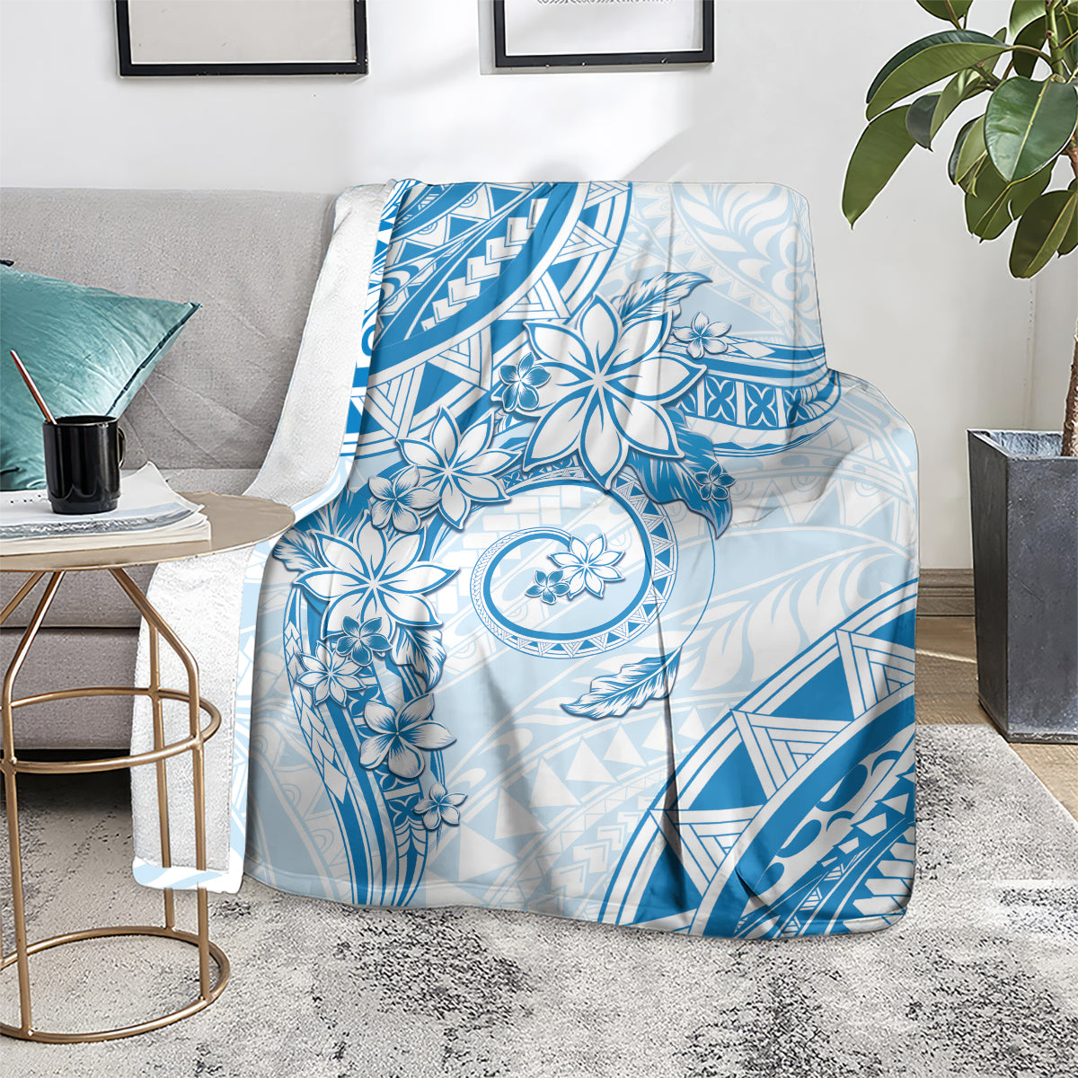 Polynesian Pattern With Plumeria Flowers Blanket Blue