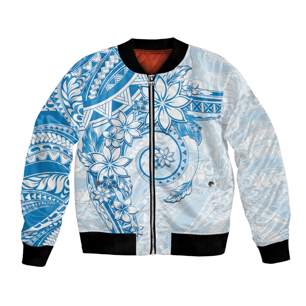 Polynesian Pattern With Plumeria Flowers Bomber Jacket Blue