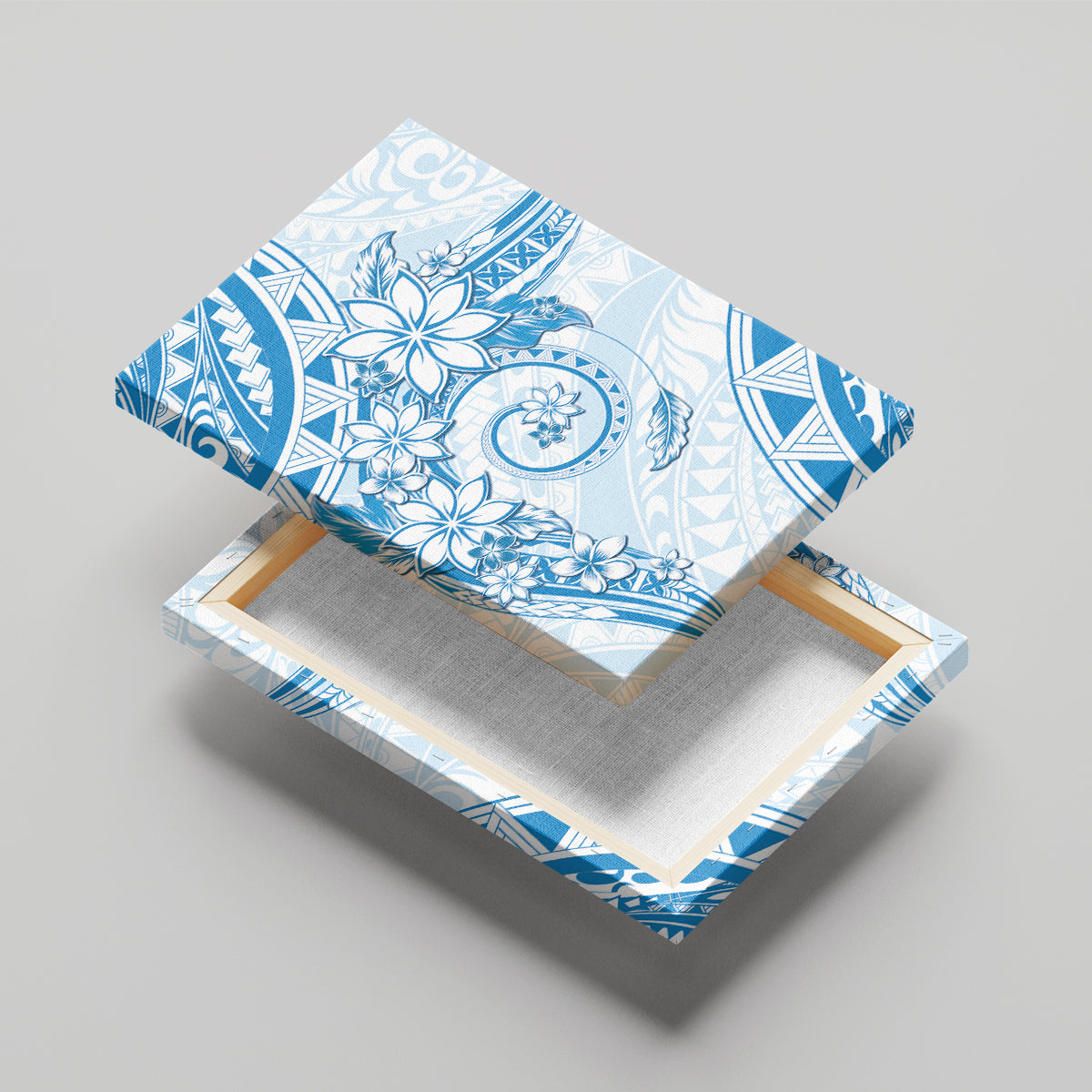 Polynesian Pattern With Plumeria Flowers Canvas Wall Art Blue