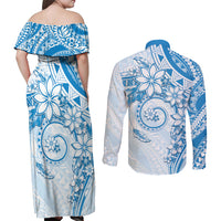 Polynesian Pattern With Plumeria Flowers Couples Matching Off Shoulder Maxi Dress and Long Sleeve Button Shirt Blue