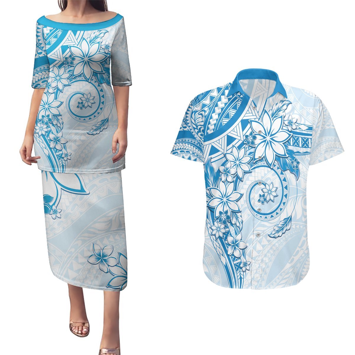 Polynesian Pattern With Plumeria Flowers Couples Matching Puletasi and Hawaiian Shirt Blue LT05 Blue - Polynesian Pride