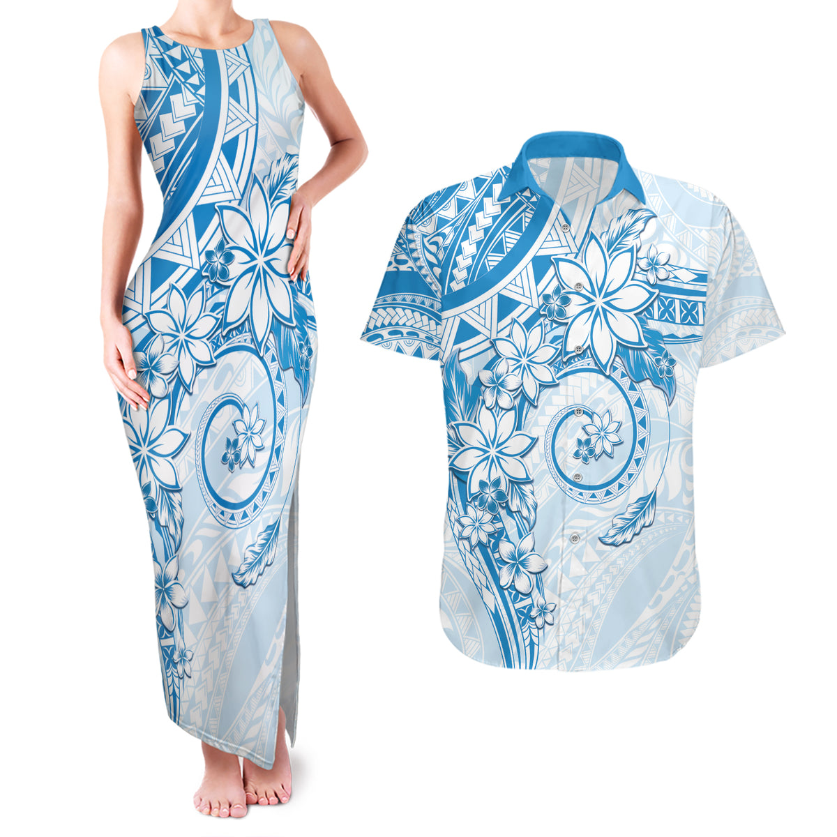 Polynesian Pattern With Plumeria Flowers Couples Matching Tank Maxi Dress and Hawaiian Shirt Blue LT05 Blue - Polynesian Pride