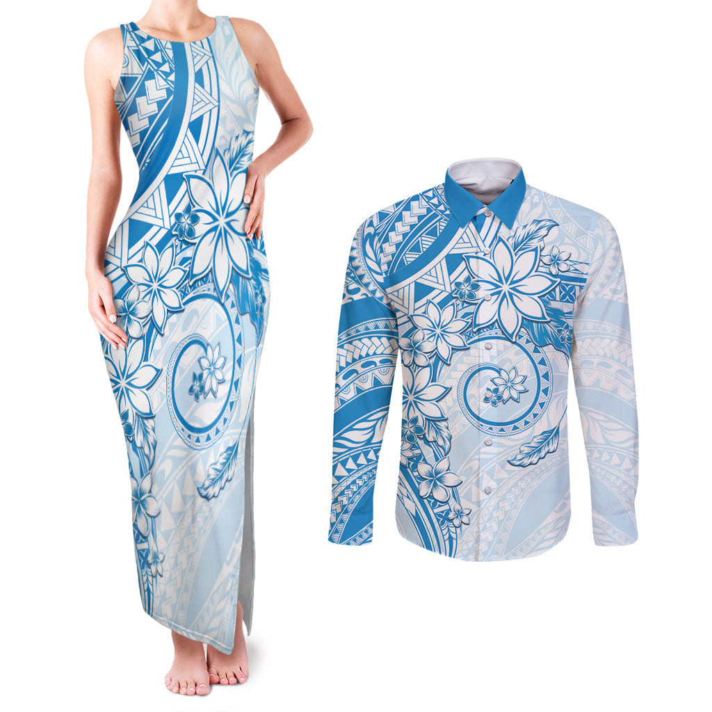 Polynesian Pattern With Plumeria Flowers Couples Matching Tank Maxi Dress and Long Sleeve Button Shirt Blue