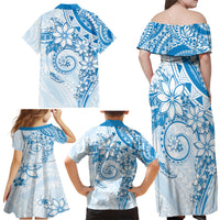 Polynesian Pattern With Plumeria Flowers Family Matching Off Shoulder Maxi Dress and Hawaiian Shirt Blue