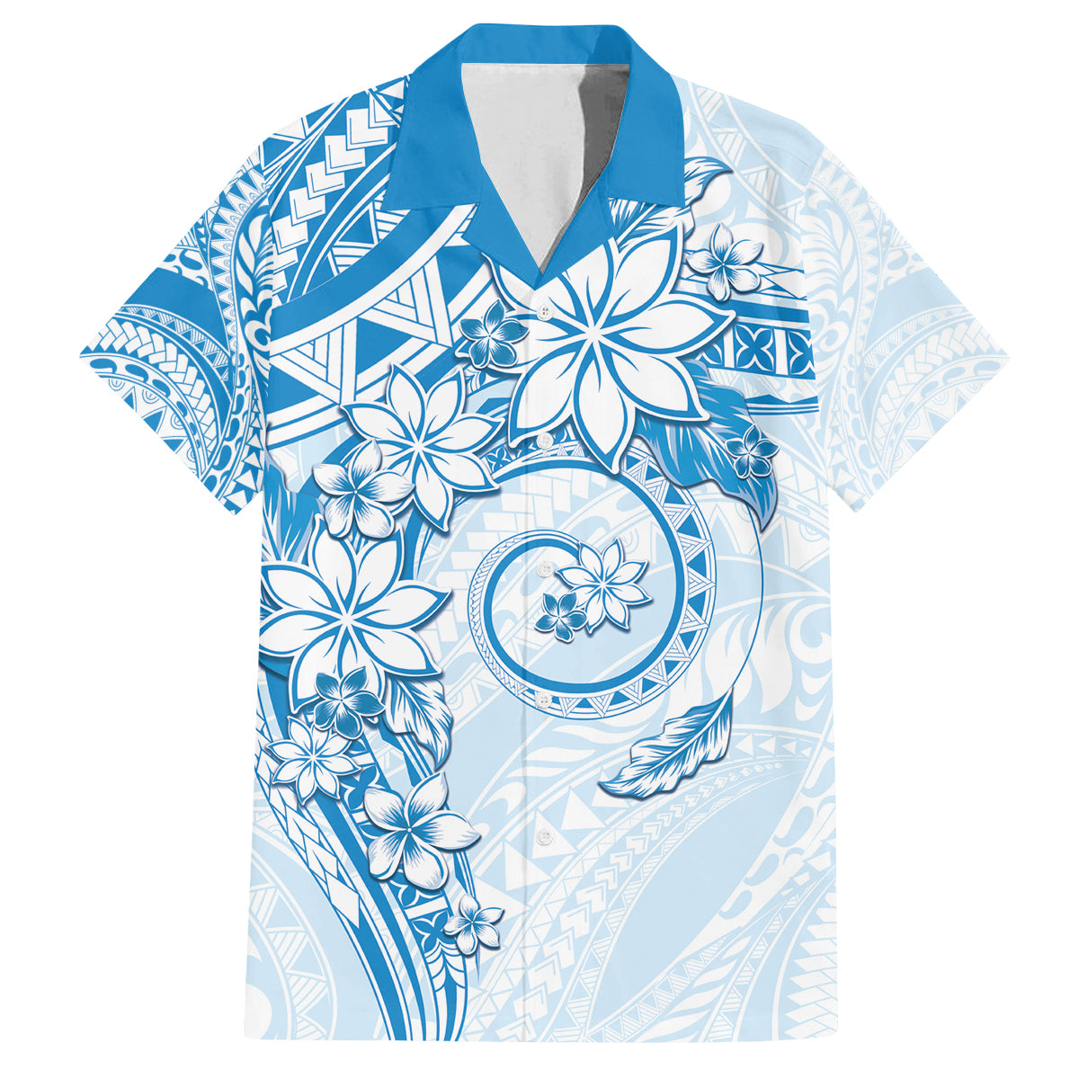 Polynesian Pattern With Plumeria Flowers Family Matching Off Shoulder Maxi Dress and Hawaiian Shirt Blue