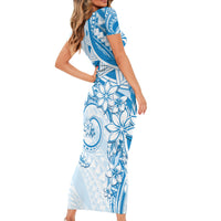 Polynesian Pattern With Plumeria Flowers Family Matching Short Sleeve Bodycon Dress and Hawaiian Shirt Blue