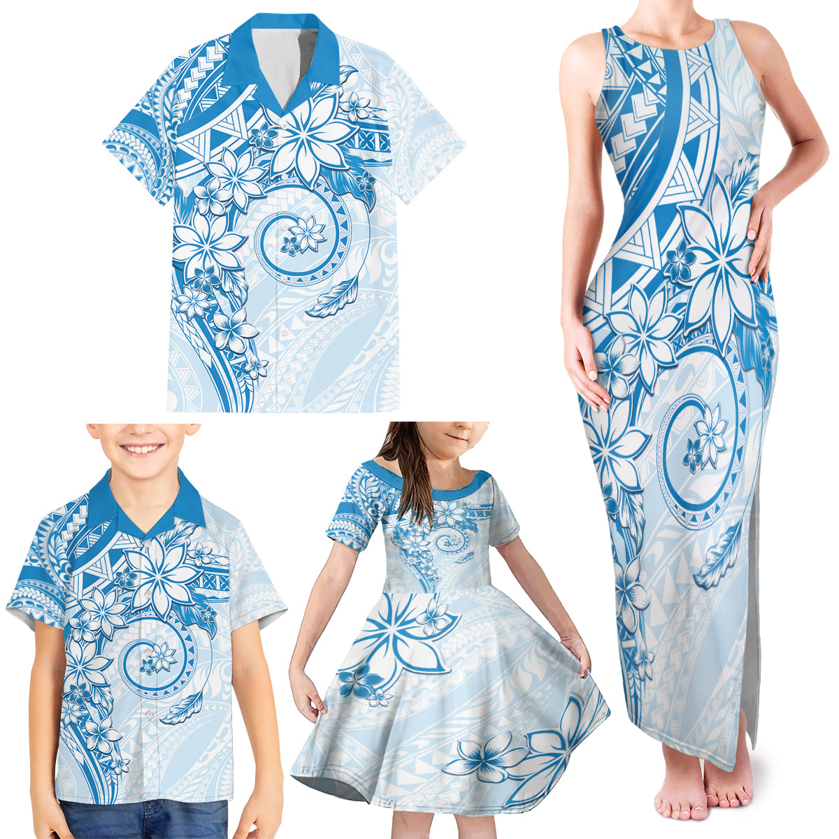 Polynesian Pattern With Plumeria Flowers Family Matching Tank Maxi Dress and Hawaiian Shirt Blue LT05 - Polynesian Pride