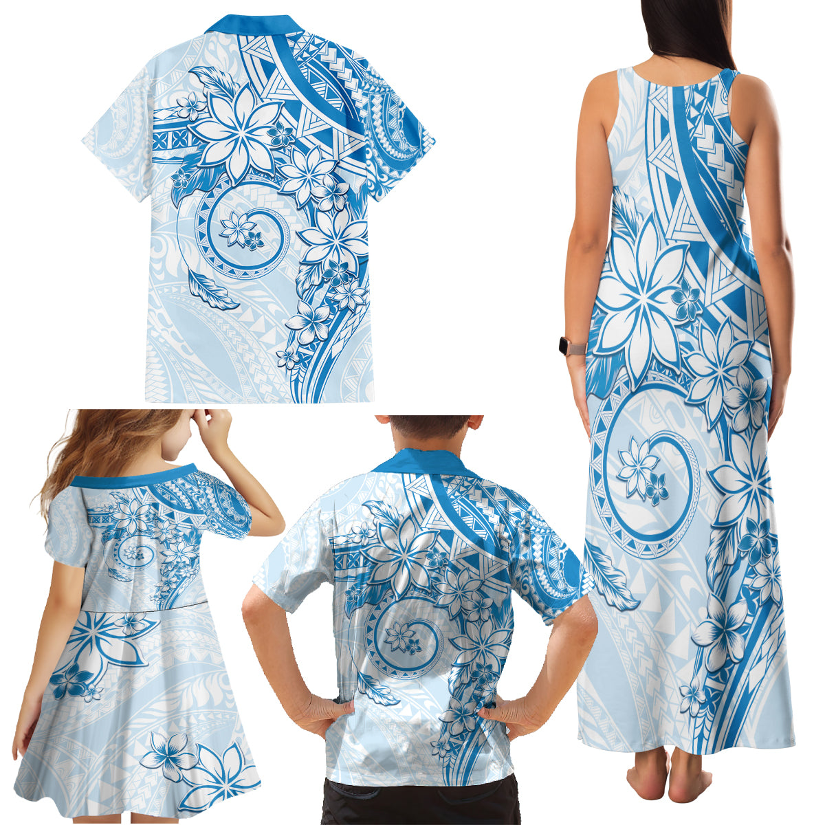 Polynesian Pattern With Plumeria Flowers Family Matching Tank Maxi Dress and Hawaiian Shirt Blue LT05 - Polynesian Pride