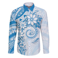 Polynesian Pattern With Plumeria Flowers Family Matching Tank Maxi Dress and Hawaiian Shirt Blue LT05 Dad's Shirt - Long Sleeve Blue - Polynesian Pride