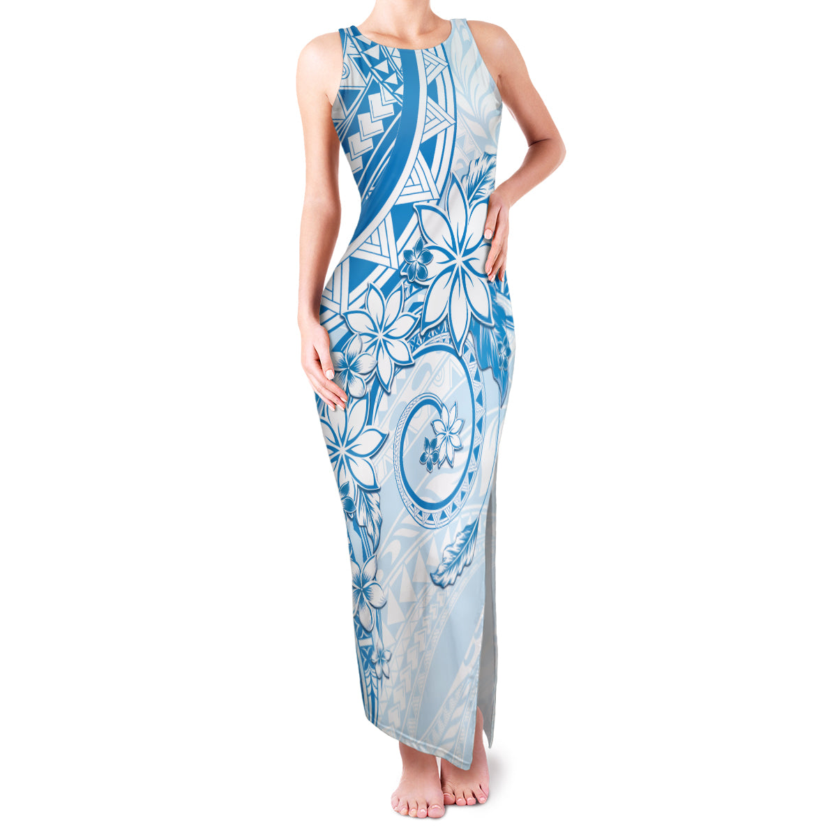 Polynesian Pattern With Plumeria Flowers Family Matching Tank Maxi Dress and Hawaiian Shirt Blue LT05 Mom's Dress Blue - Polynesian Pride