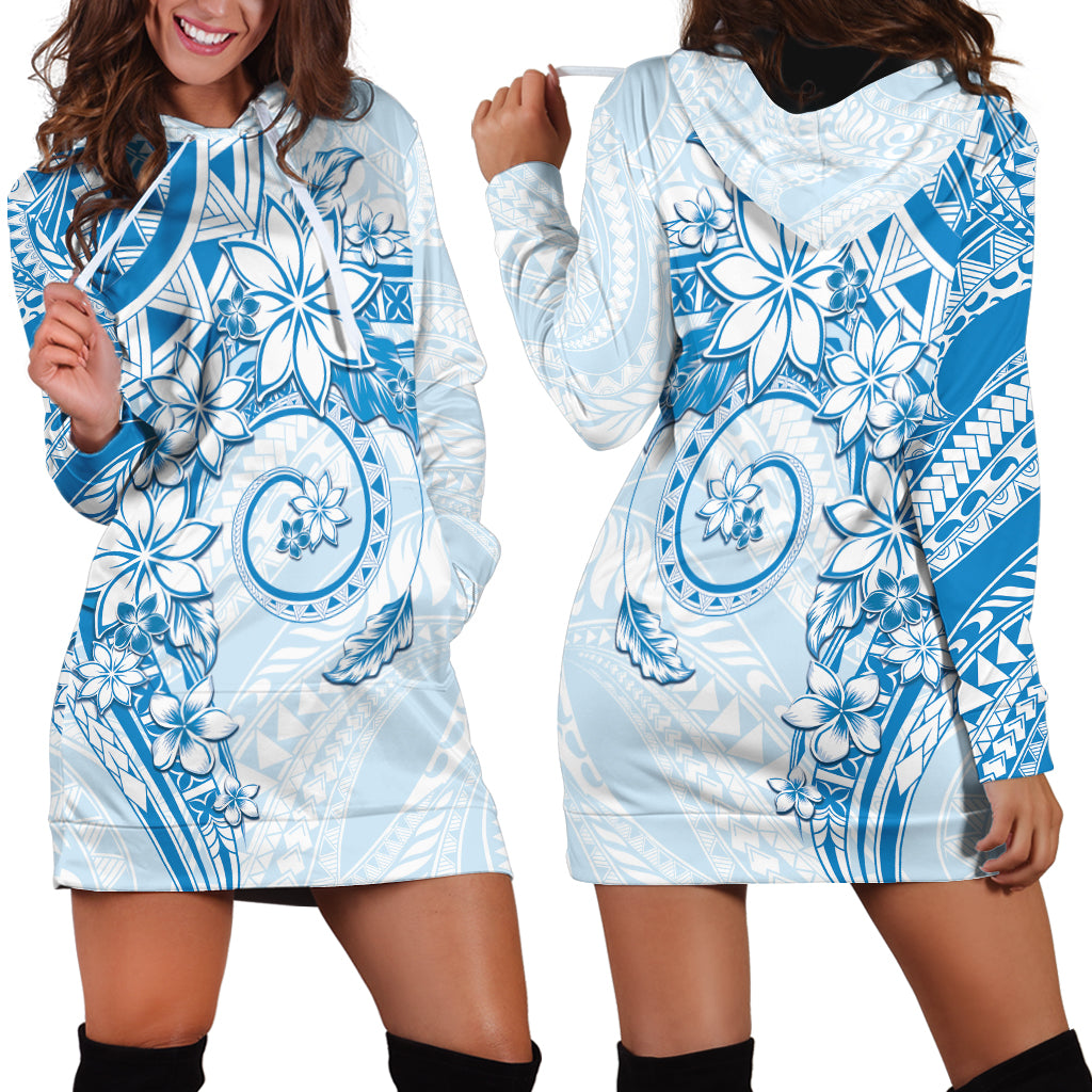 Polynesian Pattern With Plumeria Flowers Hoodie Dress Blue
