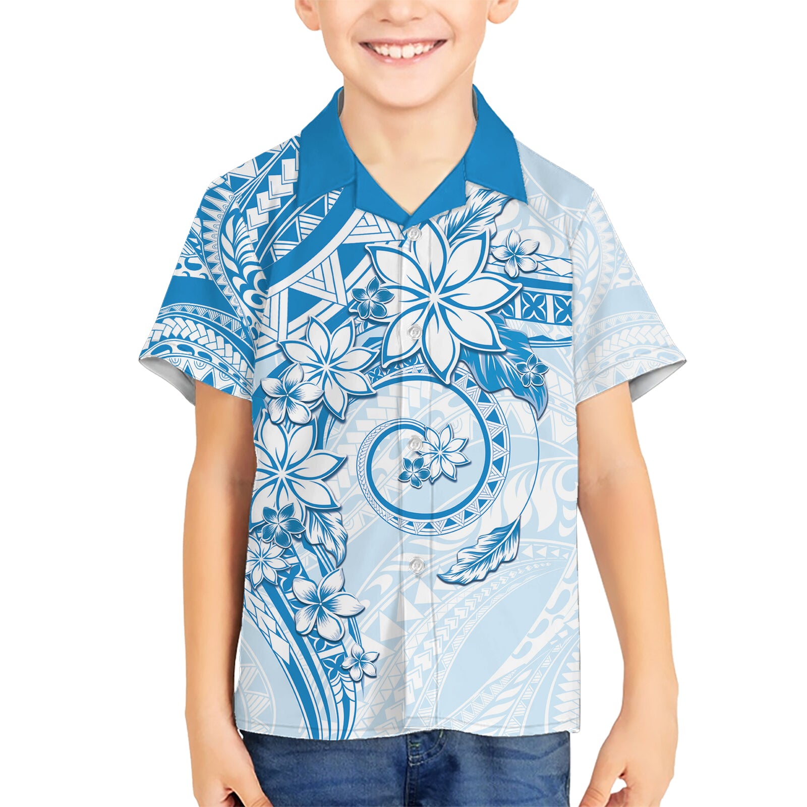 Polynesian Pattern With Plumeria Flowers Kid Hawaiian Shirt Blue LT05 Kid Blue - Polynesian Pride