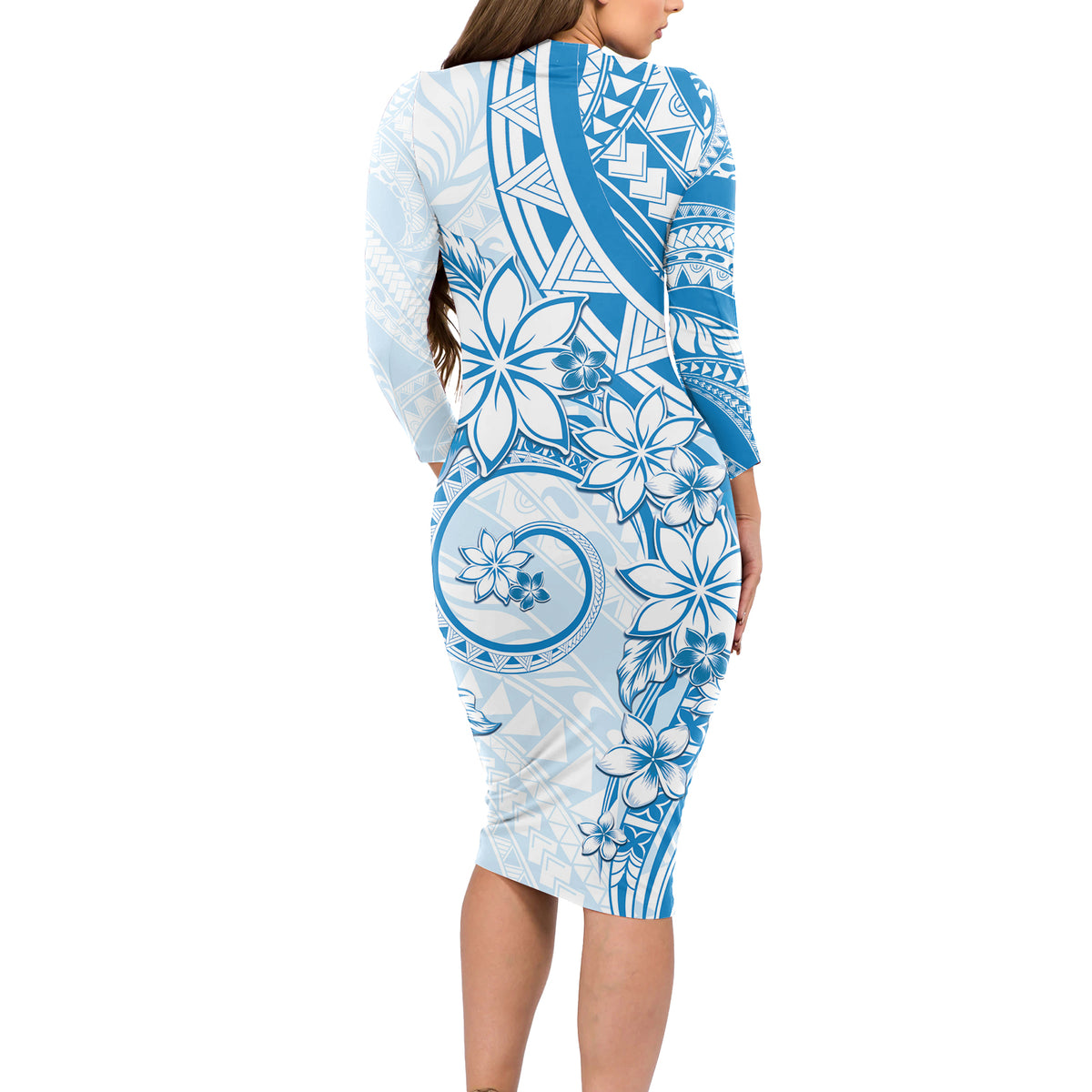 Polynesian Pattern With Plumeria Flowers Long Sleeve Bodycon Dress Blue