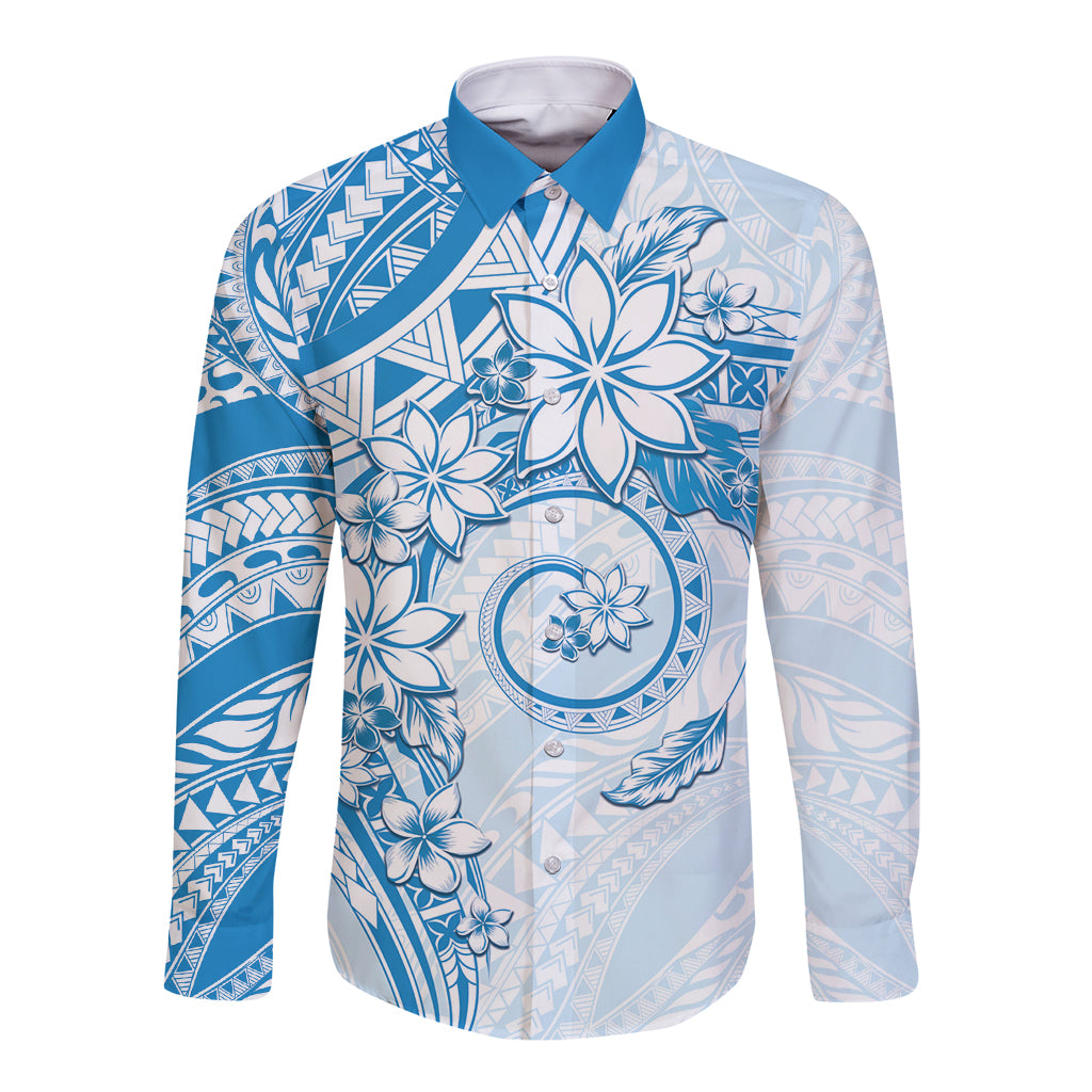 Polynesian Pattern With Plumeria Flowers Long Sleeve Button Shirt Blue LT05 Unisex Blue - Polynesian Pride