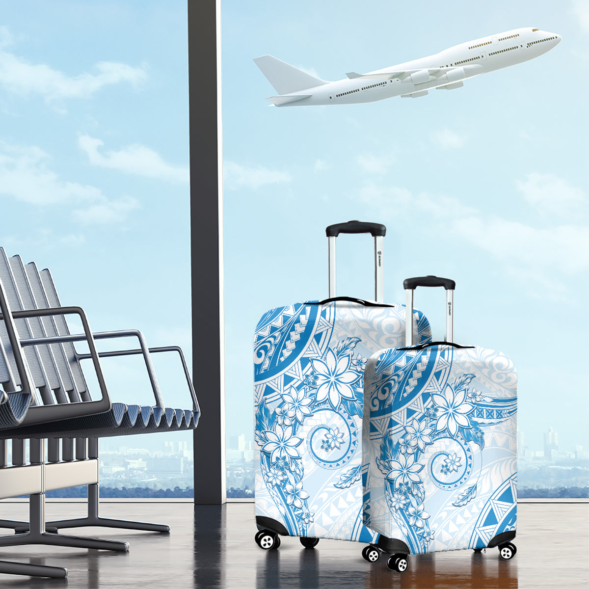 Polynesian Pattern With Plumeria Flowers Luggage Cover Blue