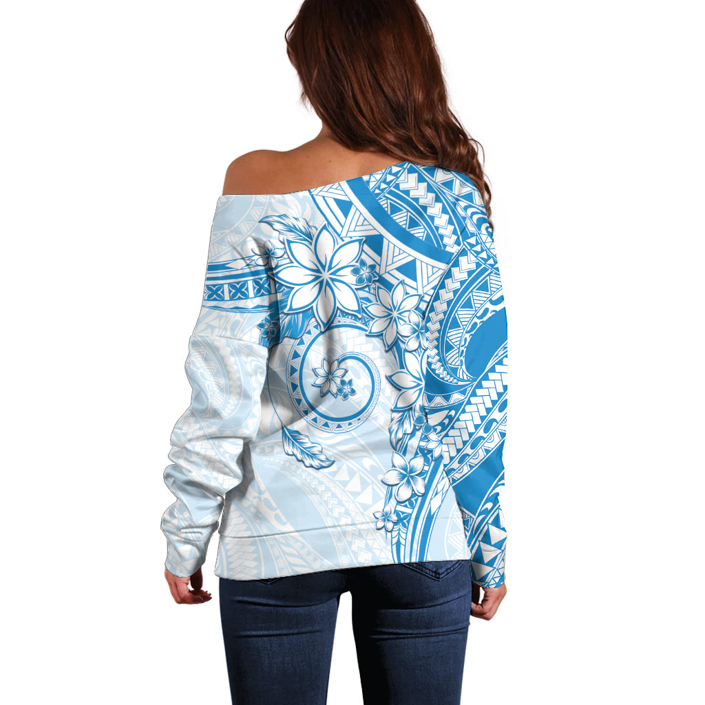 Polynesian Pattern With Plumeria Flowers Off Shoulder Sweater Blue LT05 - Polynesian Pride