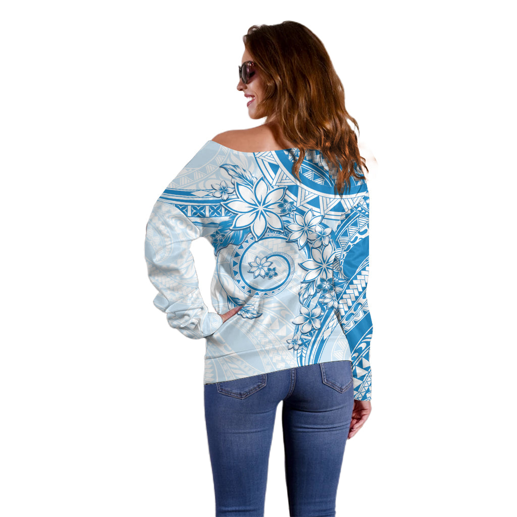 Polynesian Pattern With Plumeria Flowers Off Shoulder Sweater Blue LT05 - Polynesian Pride