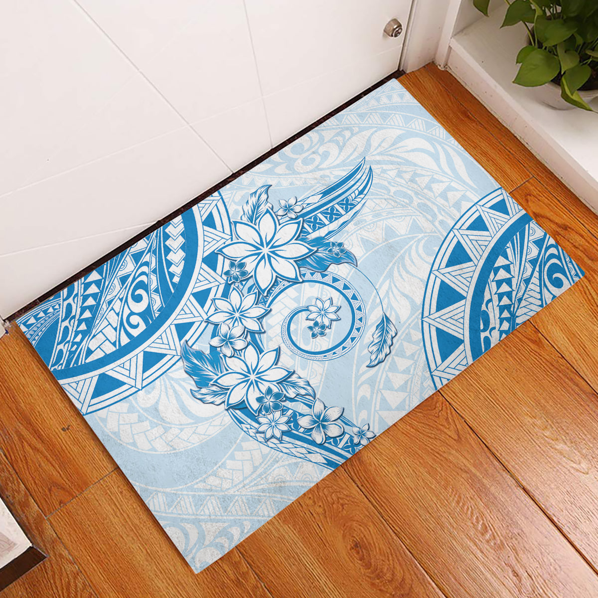 Polynesian Pattern With Plumeria Flowers Rubber Doormat Blue LT05 Blue - Polynesian Pride