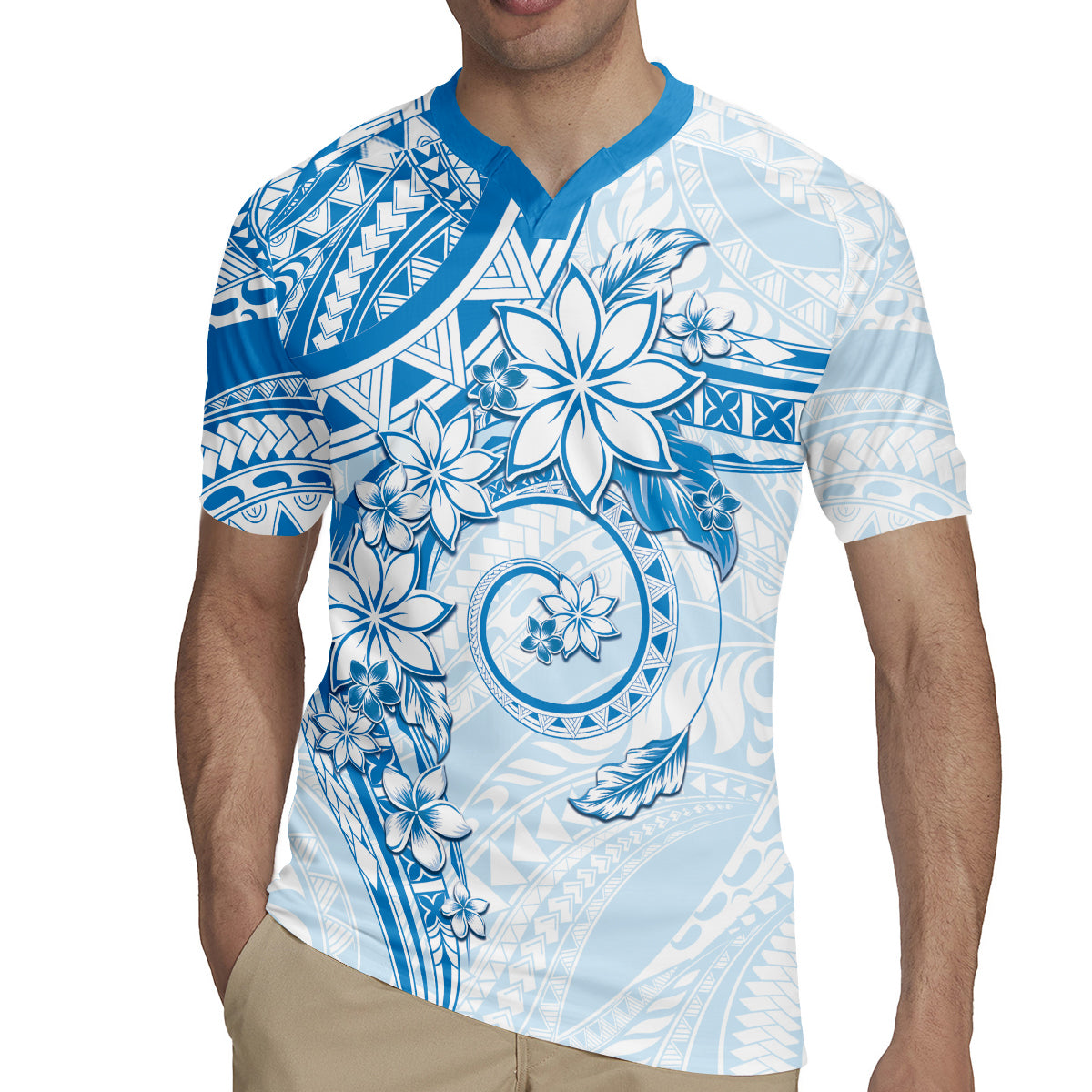 Polynesian Pattern With Plumeria Flowers Rugby Jersey Blue
