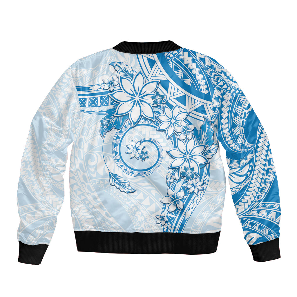 Polynesian Pattern With Plumeria Flowers Sleeve Zip Bomber Jacket Blue