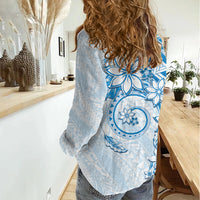 Polynesian Pattern With Plumeria Flowers Women Casual Shirt Blue