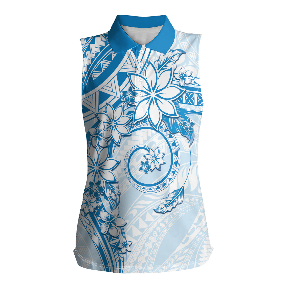 Polynesian Pattern With Plumeria Flowers Women Sleeveless Polo Shirt Blue