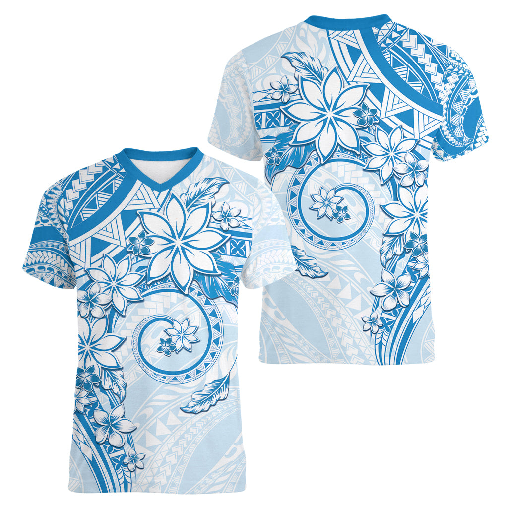 Polynesian Pattern With Plumeria Flowers Women V-Neck T-Shirt Blue