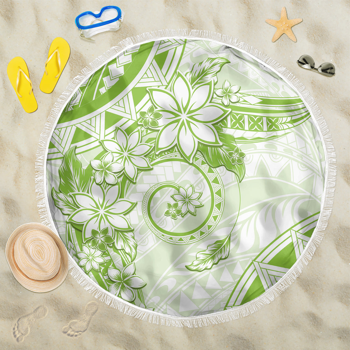 Polynesian Pattern With Plumeria Flowers Beach Blanket Lime Green