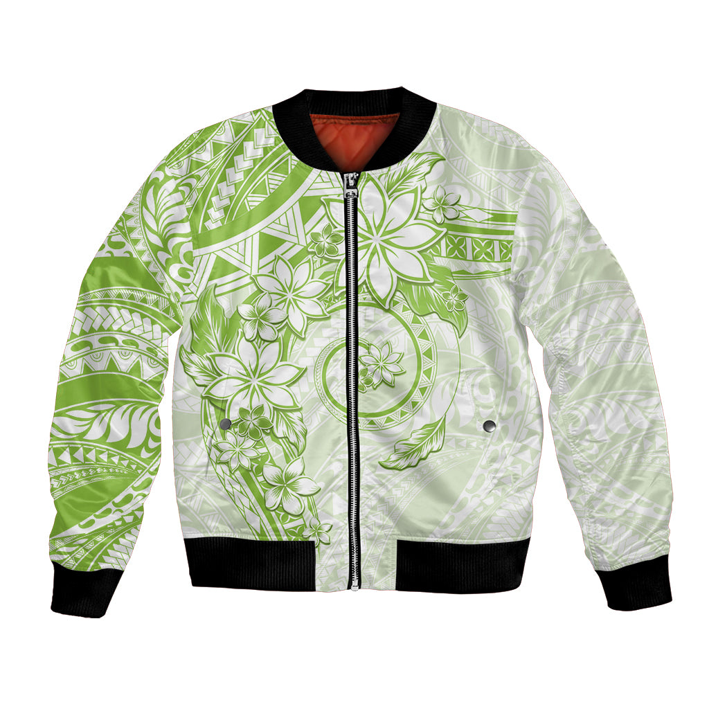 Polynesian Pattern With Plumeria Flowers Bomber Jacket Lime Green