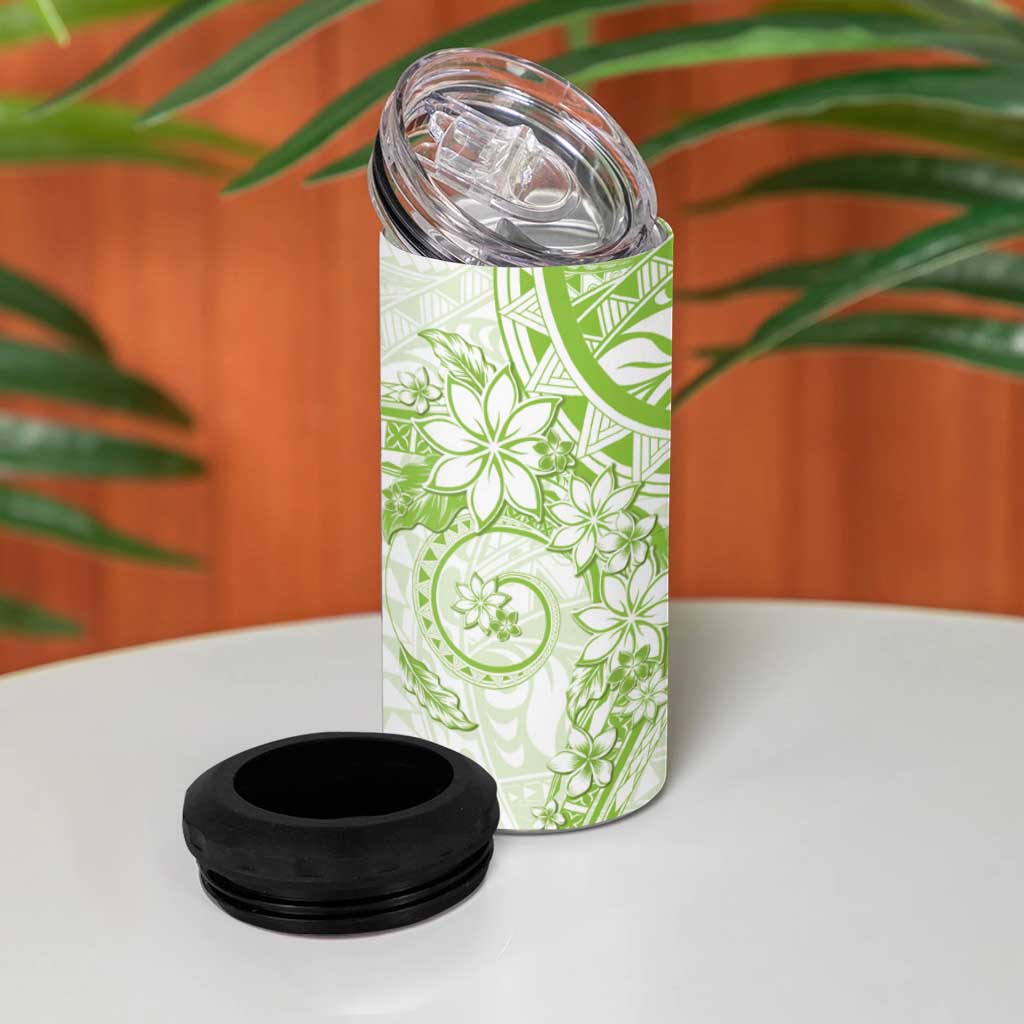 Lime Green Polynesian Pattern With Plumeria Flowers 4 in 1 Can Cooler Tumbler