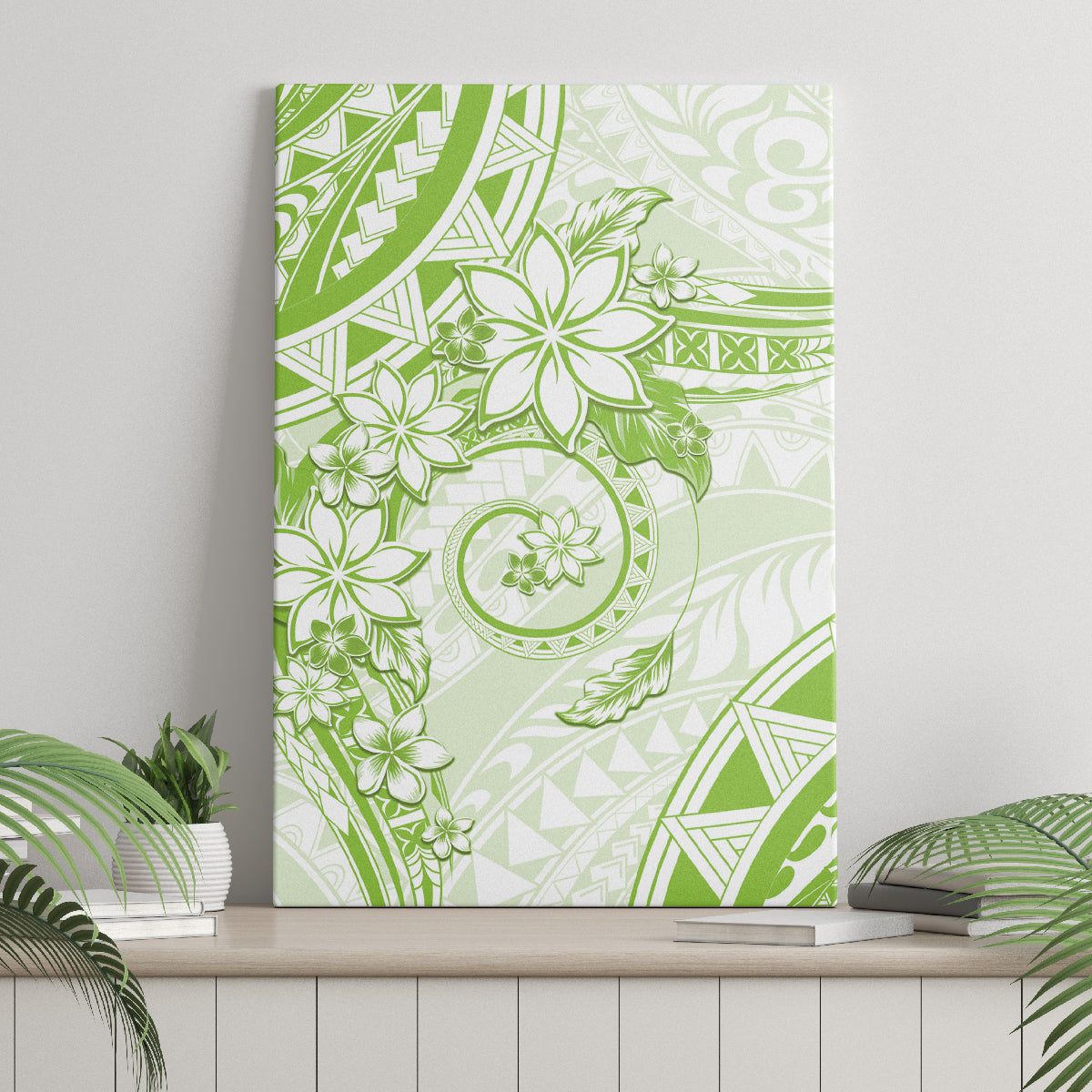 Polynesian Pattern With Plumeria Flowers Canvas Wall Art Lime Green