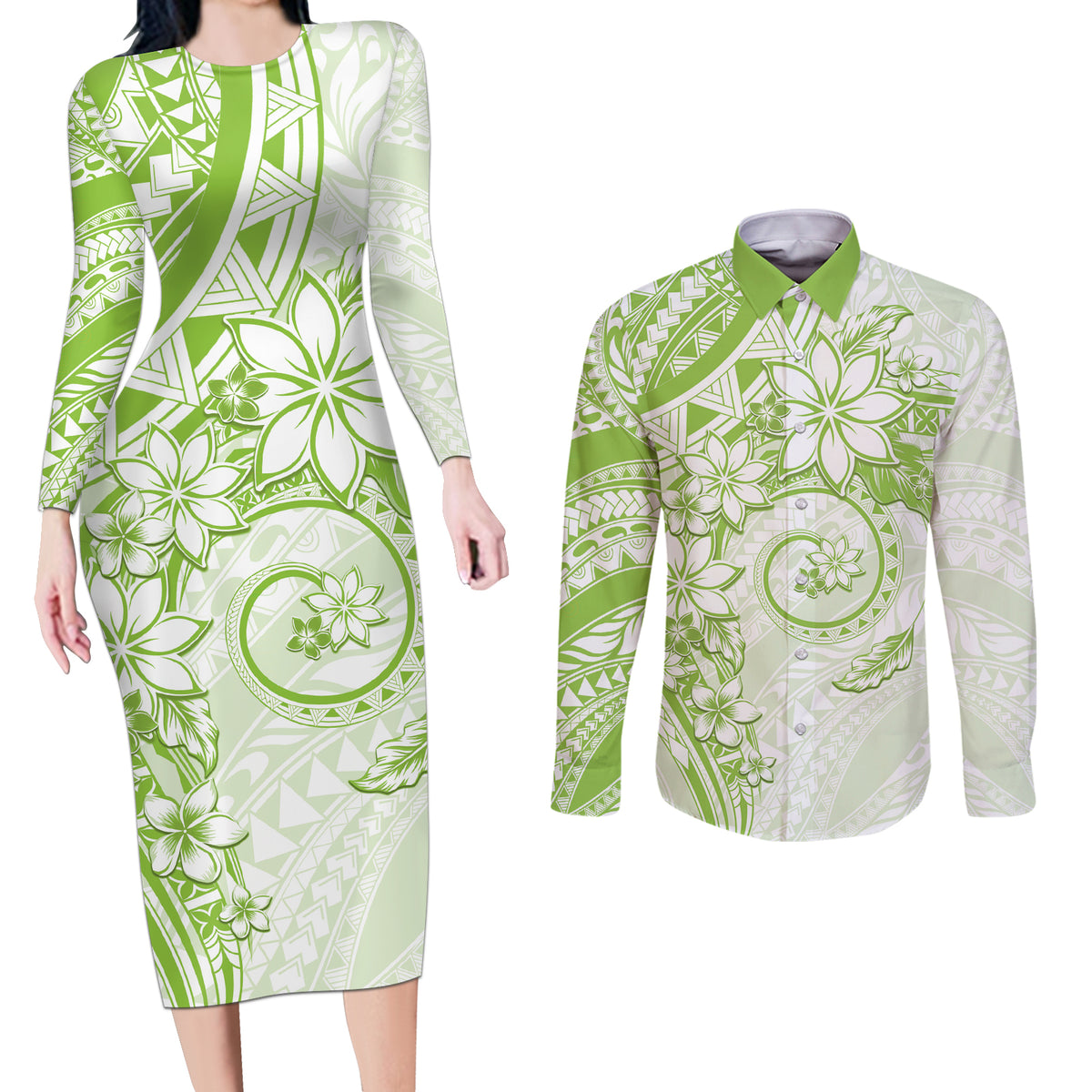 Polynesian Pattern With Plumeria Flowers Couples Matching Long Sleeve Bodycon Dress and Long Sleeve Button Shirt Lime Green