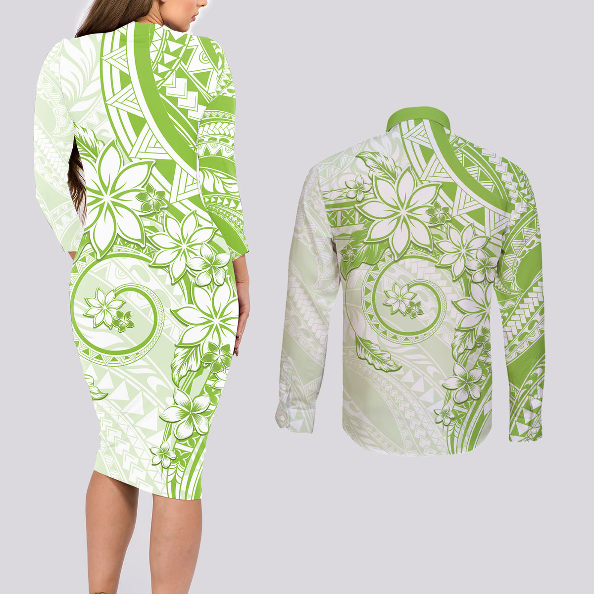 Polynesian Pattern With Plumeria Flowers Couples Matching Long Sleeve Bodycon Dress and Long Sleeve Button Shirt Lime Green