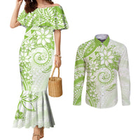 Polynesian Pattern With Plumeria Flowers Couples Matching Mermaid Dress and Long Sleeve Button Shirt Lime Green
