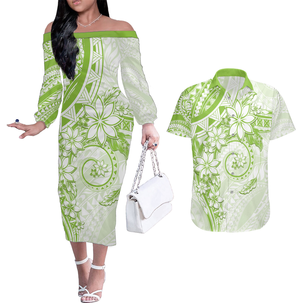 Polynesian Pattern With Plumeria Flowers Couples Matching Off The Shoulder Long Sleeve Dress and Hawaiian Shirt Lime Green