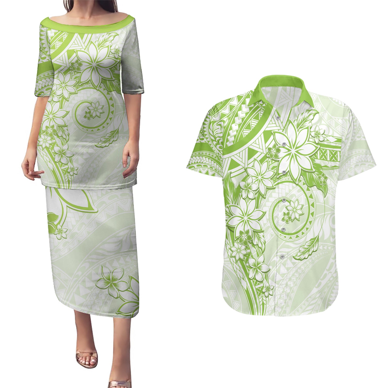 Polynesian Pattern With Plumeria Flowers Couples Matching Puletasi and Hawaiian Shirt Lime Green