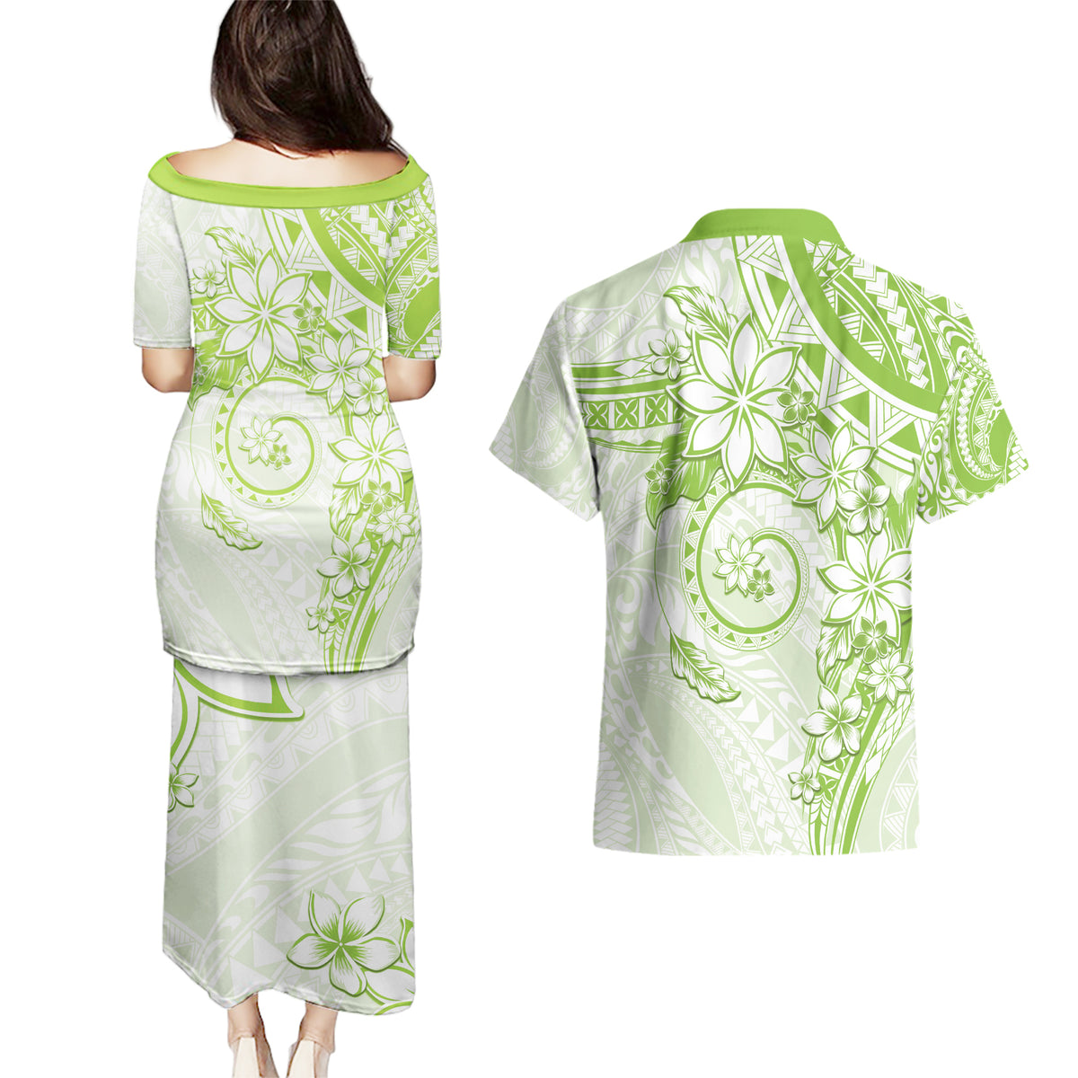 Polynesian Pattern With Plumeria Flowers Couples Matching Puletasi and Hawaiian Shirt Lime Green