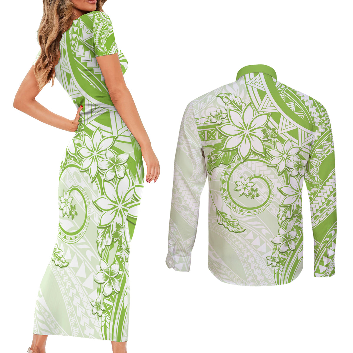 Polynesian Pattern With Plumeria Flowers Couples Matching Short Sleeve Bodycon Dress and Long Sleeve Button Shirt Lime Green