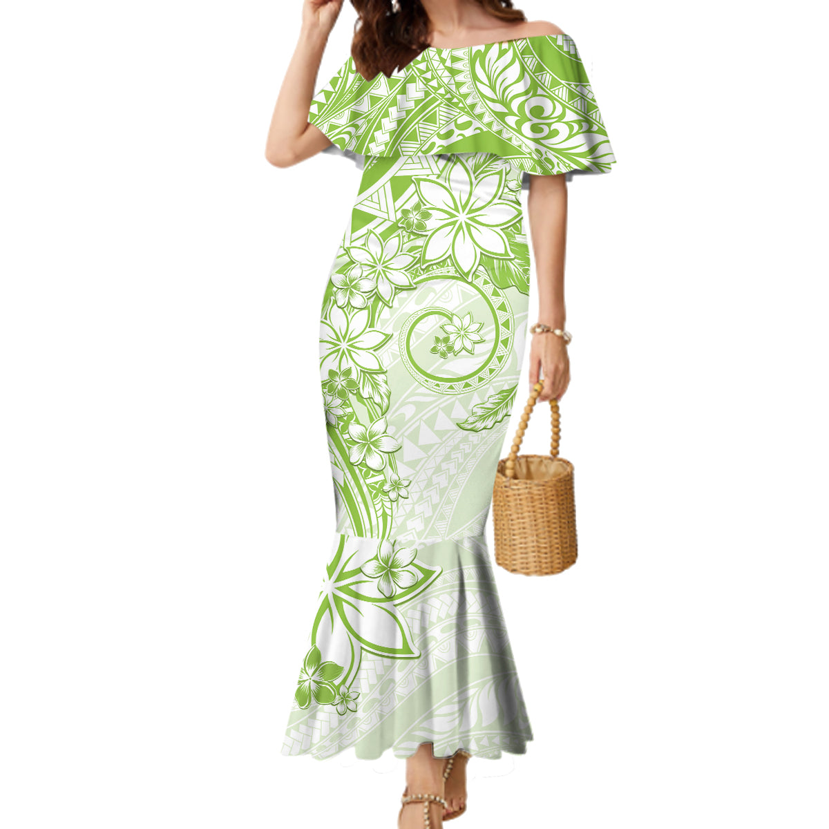 Polynesian Pattern With Plumeria Flowers Family Matching Mermaid Dress and Hawaiian Shirt Lime Green