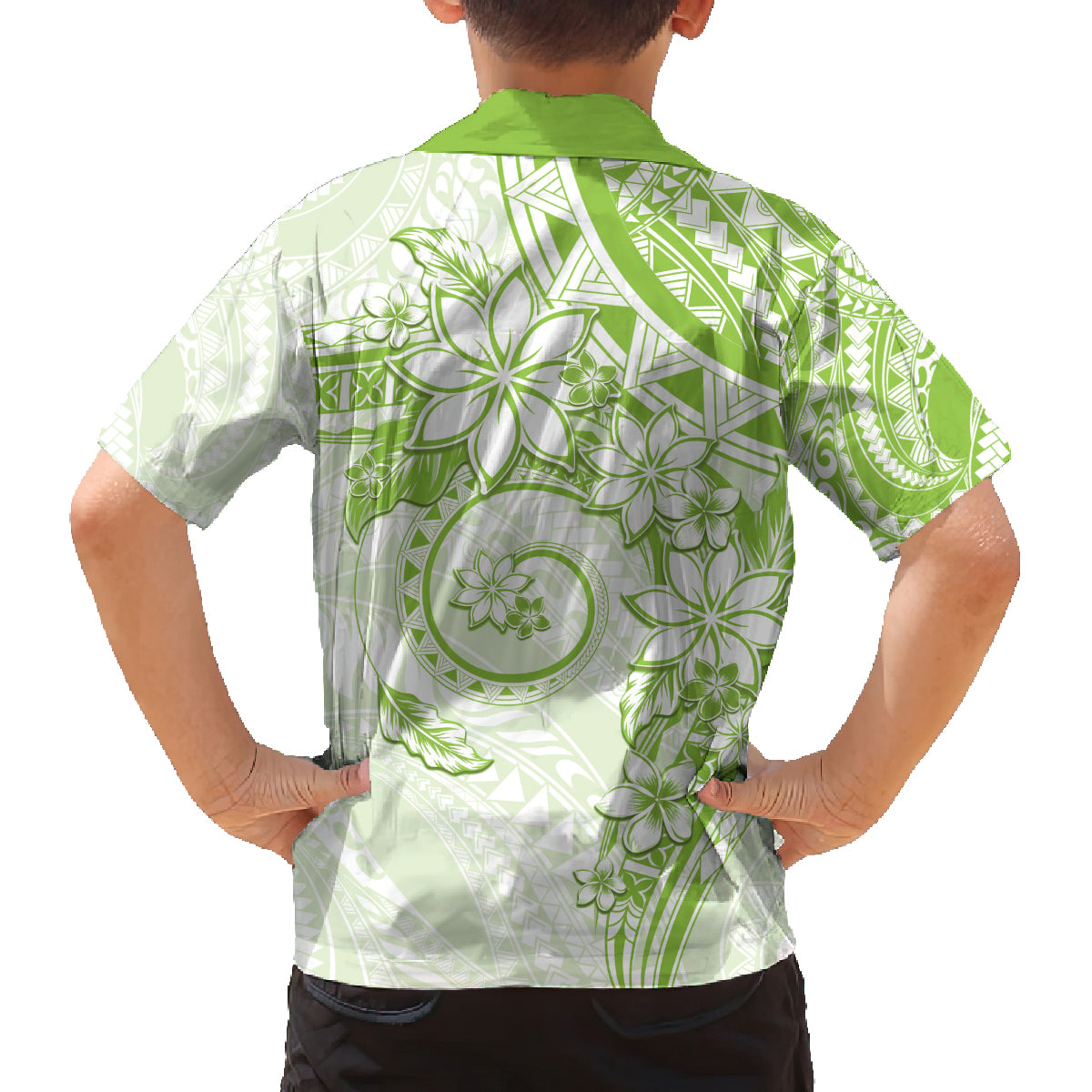 Polynesian Pattern With Plumeria Flowers Family Matching Off Shoulder Short Dress and Hawaiian Shirt Lime Green