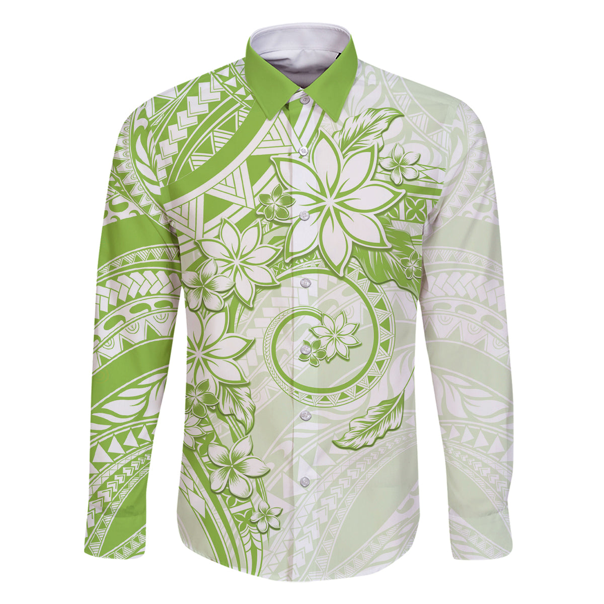 Polynesian Pattern With Plumeria Flowers Family Matching Tank Maxi Dress and Hawaiian Shirt Lime Green