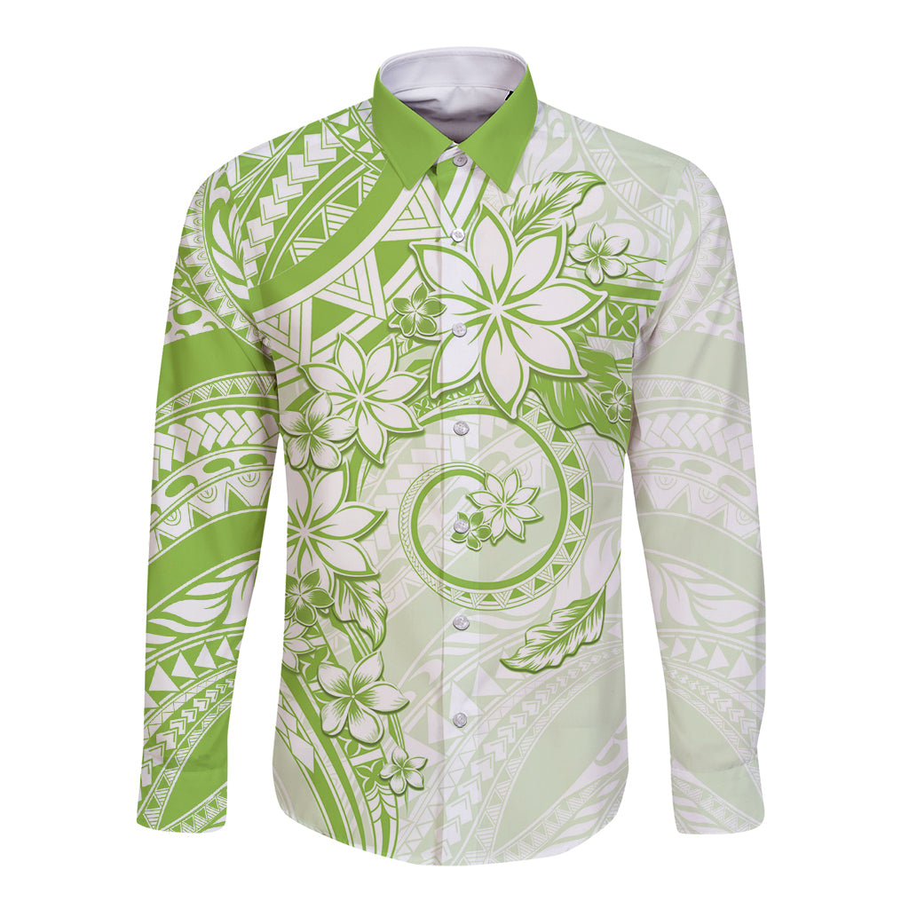 Polynesian Pattern With Plumeria Flowers Long Sleeve Button Shirt Lime Green LT05 Unisex Lime Green - Polynesian Pride