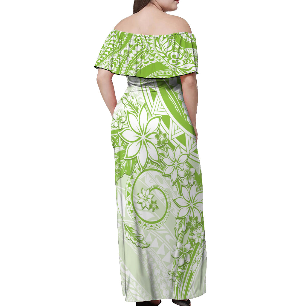 Polynesian Pattern With Plumeria Flowers Off Shoulder Maxi Dress Lime Green LT05 - Polynesian Pride