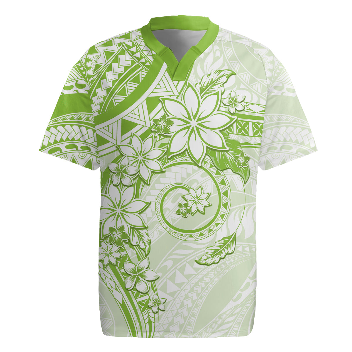 Polynesian Pattern With Plumeria Flowers Rugby Jersey Lime Green